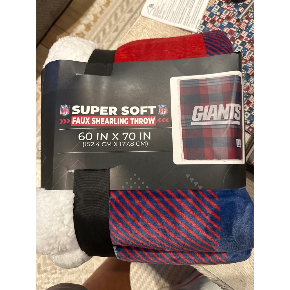NFL New York Giants Super Soft Faux Shearling Throw Blanket 60x70 Plaid Red Blue